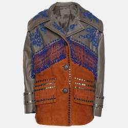 مملوكة مسبقًا Prada Grey/Brown Leather and Suede Embellished Jacket XS