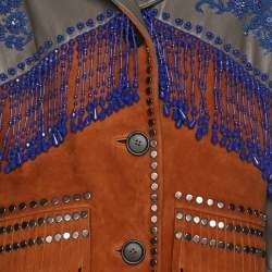 Pre Owned Prada Grey/Brown Leather and Suede Embellished Jacket XS