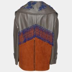 Pre Owned Prada Grey/Brown Leather and Suede Embellished Jacket XS