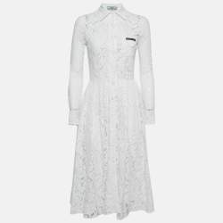 Prada White Lace Button Front Pleated Midi Dress S