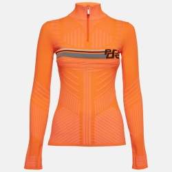 Prada Neon Orange Patterned Jersey High Neck Technical Top M