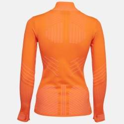 Prada Neon Orange Patterned Jersey High Neck Technical Top M