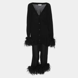 Prada Black Wool Knit Ostrich Feather Top & Pant Suit L