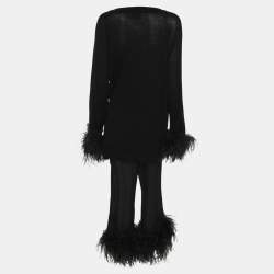 Prada Black Wool Knit Ostrich Feather Top & Pant Suit L