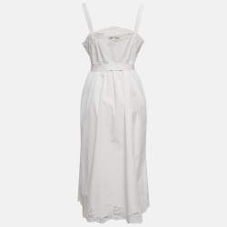 Prada White Cotton Lace Detail Sleeveless Belted Midi Dress L