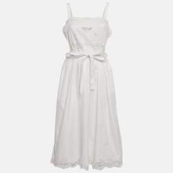 Prada White Cotton Lace Detail Sleeveless Belted Midi Dress L