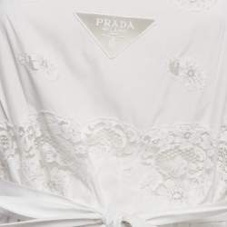 Prada White Cotton Lace Detail Sleeveless Belted Midi Dress L