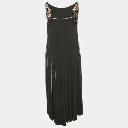 Prada Black Embellished Crepe Pleated Sleeveless Dress M