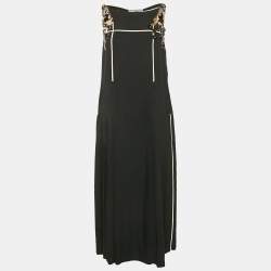 Prada Black Embellished Crepe Pleated Sleeveless Dress M