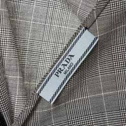 Prada Grey Checked Wool Feather Trim Pleated Wrap Dress L