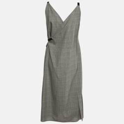 Prada Grey Checked Wool Feather Trim Pleated Wrap Dress L