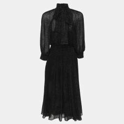 Prada Black Polka Dotted Velvet Silk Midi Dress S
