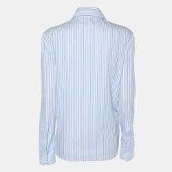 Prada Blue/White Striped Cotton Brocade Ruffle Detail Button Front Shirt M