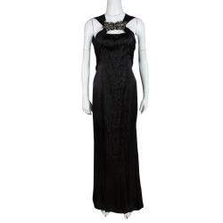 Pre Owned Prada Black Satin Neck Embellished Draped Ruffle Detail Sleeveless Gown M