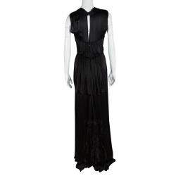 Pre Owned Prada Black Satin Neck Embellished Draped Ruffle Detail Sleeveless Gown M