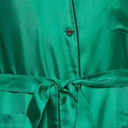 Pre Owned Prada Green Satin Silk Button Front Belted Long Dress M