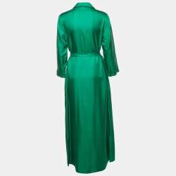 Pre Owned Prada Green Satin Silk Button Front Belted Long Dress M