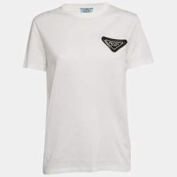 Pre Owned Prada White Triangle Rubber Logo Applique Cotton T-Shirt XS