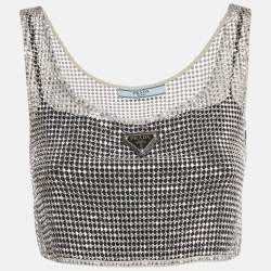 Pre Owned Prada Silver Rhinestone Logo Plaque Crop Top S