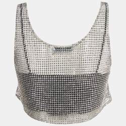 Pre Owned توب برادا فضي بحجر الراين مع لوحة الشعار قصير صغير