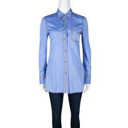 Prada Blue Cotton Contrast Embroidered Long Sleeve Button Front Shirt S