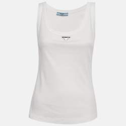 Pre Owned Prada White Ribbed Knit Triangle Logo Plaque Jersey Tank Top S