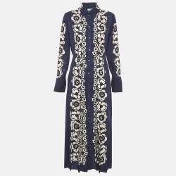 Pre Owned Prada Navy Blue Floral Print Satin Silk Pleated Long Dress M