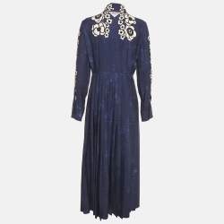 Pre Owned Prada Navy Blue Floral Print Satin Silk Pleated Long Dress M