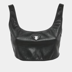 Pre Owned Prada Black Leather Logo Plaque Detail Sleeveless Crop Top L