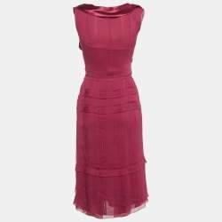 Pre Owned Prada Burgundy Silk Chiffon Bead Detail Midi Dress S
