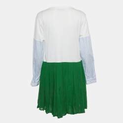 Pre Owned Prada White / Green Logo Applique Cotton & Silk Mini Dress M