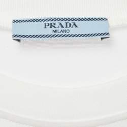 Pre Owned Prada White / Green Logo Applique Cotton & Silk Mini Dress M