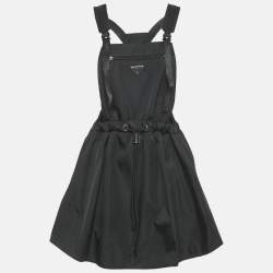 Pre Owned Prada Black Re-Nylon Logo Patch Pinafore Mini Dress M