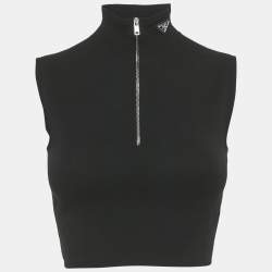 Pre Owned Prada Black Knit half Zip Sleeves Crop Top S