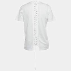 Pre Owned Prada White Triangle Appliqué Cotton Crisscross Detail T-Shirt M
