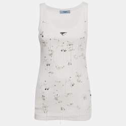 Pre Owned Prada White Embellished Cotton Jersey Tank Top S