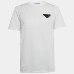 Pre Owned Prada White Triangle Crystal Applique Jersey T-Shirt S