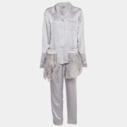 Pre Owned Prada Grey Satin Ostrich Feather Trim Pajama Shirt & Pants Set L