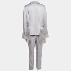 Pre Owned Prada Grey Satin Ostrich Feather Trim Pajama Shirt & Pants Set L