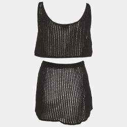 Pre Owned Prada Black Logo Embroidered Crochet Crop Top and Skirt Set M