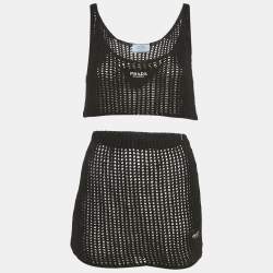 Pre Owned Prada Black Logo Embroidered Crochet Crop Top and Skirt Set M