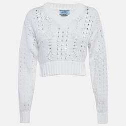 Pre Owned Prada White Open Knit V-Neck Crop Sweater XS