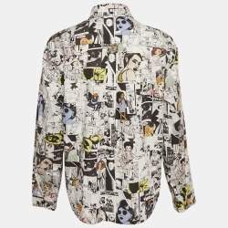 مملوكة مسبقًا قميص برادا بالتعاون مع بريجيد إلفا بطبعة كوميكس باللون الأبيض مصنوع من القطن وبأزرار للأعلى مقاس متوسط - ميديم