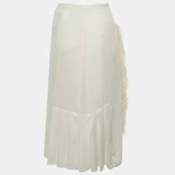 Pre Owned Prada White Sateen Feather Trim Wrap Midi Skirt S