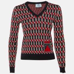 Pre Owned Prada Black Diamond Pattern Wool V-Neck Sweater S