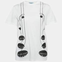 Pre Owned تي شيرت برادا أبيض مزين بالزهور ياقة دائرية مقاس متوسط (ميديام)