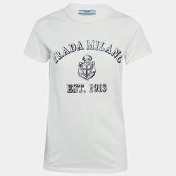 Pre Owned Prada White Logo Print Jersey T-Shirt M