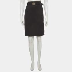 Pre Owned Prada Black Gabardine Belted Pencil Skirt M