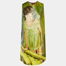 Pre Owned Prada Green Poster Girl Print Faux Leather Shift Dress M