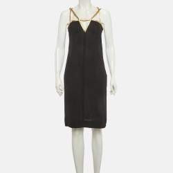 Pre Owned Prada Black Leather Trim Silk Mini Dress S